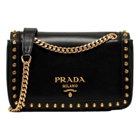 Prada Pattina Black Calf Leather Studded Flap Chain Crossbody 